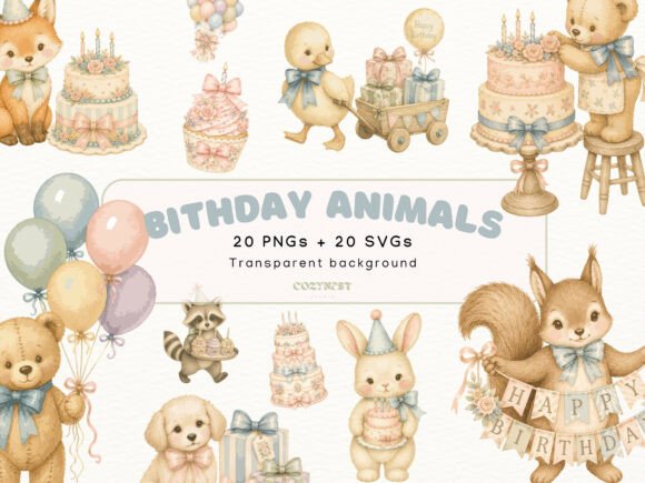 Download Birthday Animals Watercolor Cliparts SVG - Premium Resources
